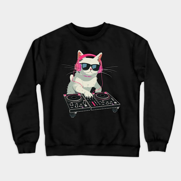 Cat DJ Rising Crewneck Sweatshirt by BilodeauBlue